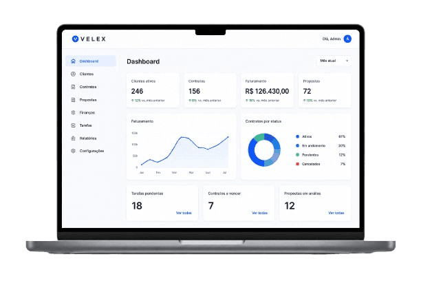 Dashboard da Velex exibido em um laptop